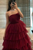 Burgundy Strapless Tulle Ruffle Prom HZ0307