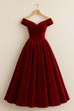Burgundy Velvet Party Dress Off The Shoulder A-line Midi Gradaution HZ0307