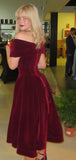 Burgundy Velvet Party Dress Off The Shoulder A-line Midi Gradaution HZ0307