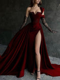 Burgundy Velvet Split Evening Prom Dress With Hight HZ0307