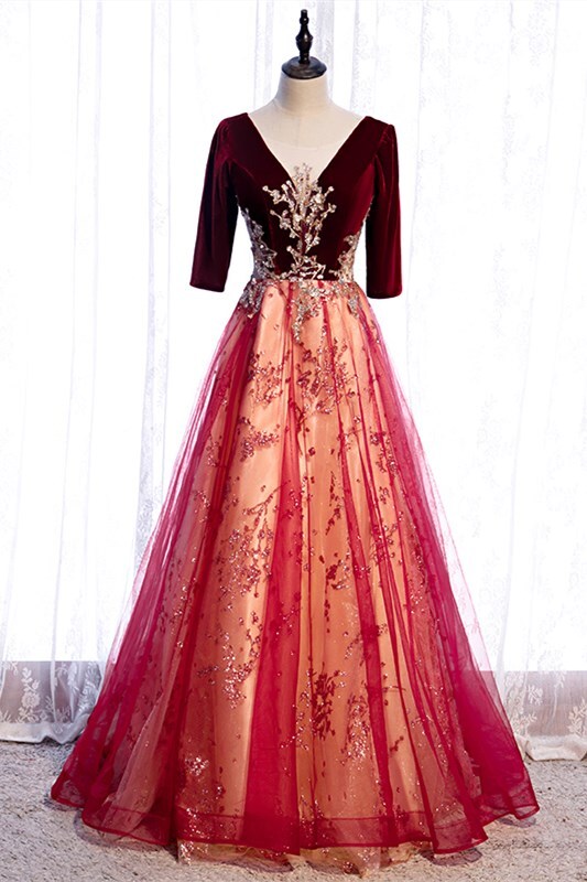Burgundy A-line Gold Beaded Long Evening HZ0307