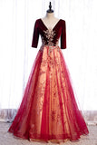Burgundy A-line Gold Beaded Long Evening HZ0307