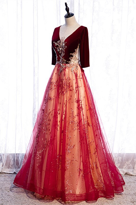 Burgundy A-line Gold Beaded Long Evening HZ0307