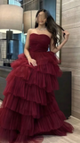 Burgundy Strapless Tulle Ruffle Prom HZ0307