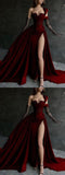 Burgundy Velvet Split Evening Prom Dress With Hight HZ0307