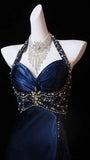 Charming Blue Halter Pleated Senior Prom Dresses Beaded Evening Formal HZ0307
