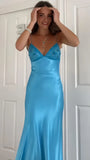 Charming Blue Sheath Prom Dresses Spaghetti Straps Beaded Party HZ0307