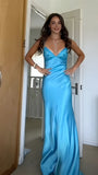 Charming Blue Sheath Prom Dresses Spaghetti Straps Beaded Party HZ0307