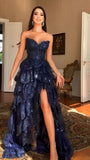 Charming Navy Blue Lace Ruffle Prom Dresses Long Evening Party HZ0307
