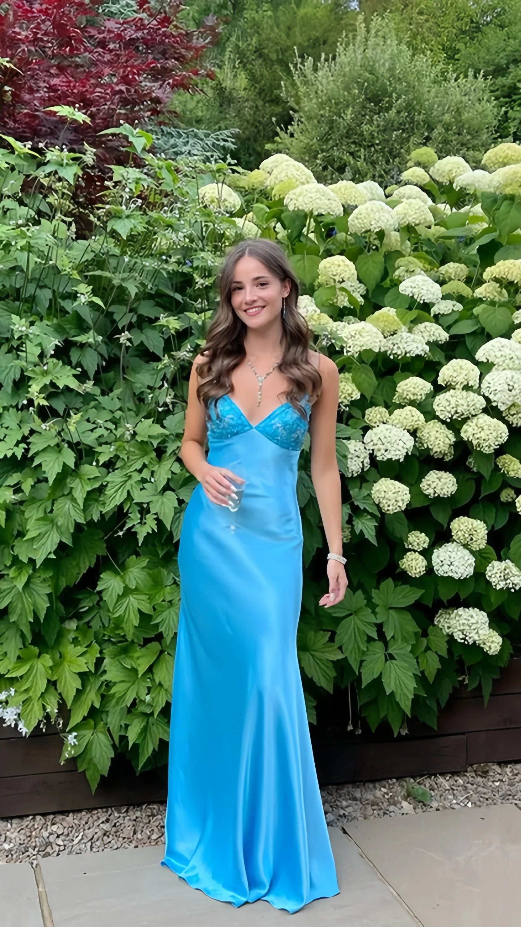 Charming Blue Sheath Prom Dresses Spaghetti Straps Beaded Party HZ0307