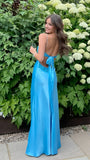 Charming Blue Sheath Prom Dresses Spaghetti Straps Beaded Party HZ0307