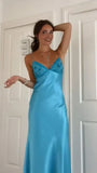 Charming Blue Sheath Prom Dresses Spaghetti Straps Beaded Party HZ0307