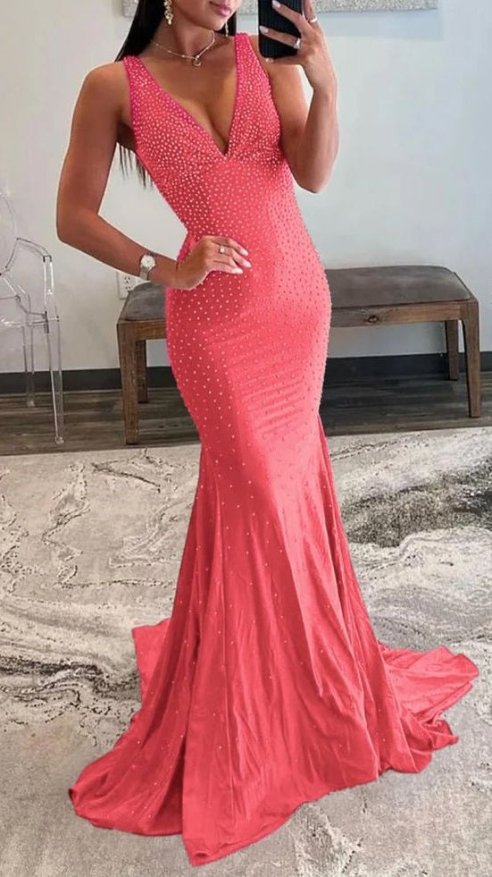 Charming V-Neck Mermaid Prom Dresses Pearl Beaded Evening Party HZ0307