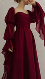Classic Burgundy Chiffon Prom Dresses Square Neck Evening Party HZ0307