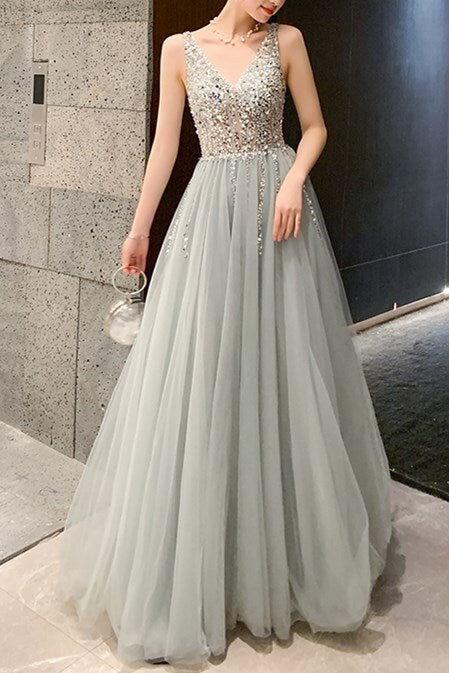 Classic A-line Grey and Silver Sequins Formal HZ0307