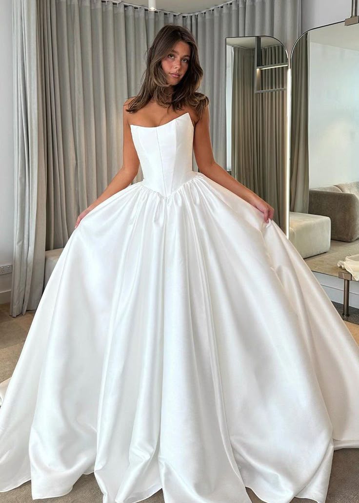 Classic White Strapless Wedding Dress, A-Line Satin Bridal Dress, HZ0307