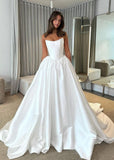 Classic White Strapless Wedding Dress, A-Line Satin Bridal Dress, HZ0307