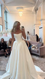 Classic White Strapless Wedding Dress, A-Line Satin Bridal Dress, HZ0307