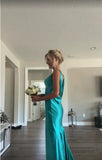 Classy A line V Neckline Blue Satin Sleeveless Long Prom Dresses HZ0307