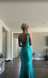 Classy A line V Neckline Blue Satin Sleeveless Long Prom Dresses HZ0307