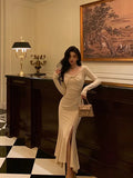 Classy Mermaid Long Sleeves Ivory Slit Prom Dresses Birthday Outfits Evening Gown, HZ0307