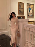 Classy Mermaid Long Sleeves Ivory Slit Prom Dresses Birthday Outfits Evening Gown, HZ0307