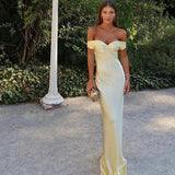 Classy Mermaid Off The Shoulder Yellow Satin Long Evening Dress Prom Dresses , HZ0307