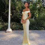 Classy Mermaid Off The Shoulder Yellow Satin Long Evening Dress Prom Dresses , HZ0307