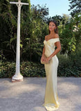 Classy Mermaid Off The Shoulder Yellow Satin Long Evening Dress Prom Dresses , HZ0307
