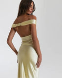 Classy Mermaid Off The Shoulder Yellow Satin Long Evening Dress Prom Dresses , HZ0307