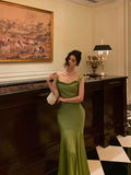 Classy Mermaid Straps Green Satin Prom Dresses Birthday Outfits , HZ0307