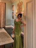 Classy Mermaid Straps Green Satin Prom Dresses Birthday Outfits , HZ0307