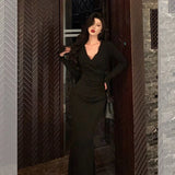 Classy Mermaid V Neckline Long Sleeves Black Prom Dresses Birthday Outfits , HZ0307