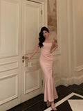 Classy Sheath Spaghetti Straps Pink Satin Prom Dresses Birthday Outfits Evening Gown, HZ0307