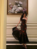 Classy Sheath Straps Black Floral Prom Dresses Birthday Outfits Evening Gown , HZ0307