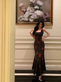 Classy Sheath Straps Black Floral Prom Dresses Birthday Outfits Evening Gown , HZ0307
