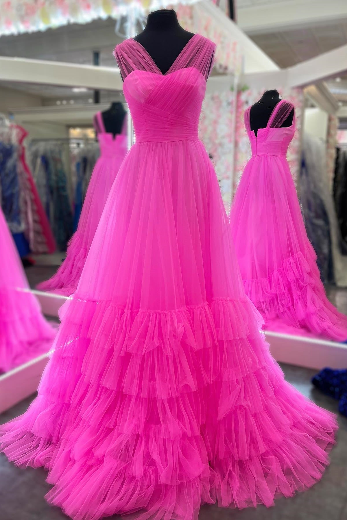 Cross Front Hot Pink Tulle A-line Long Prom HZ0307