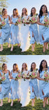 Cute Light Blue Midi Dress Silk Satin Bridesmaid Dress With Tie Up Straps, HZ0307