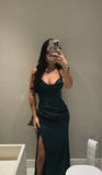 Dark Green Bodycon Long Prom Dresses Satin Evening HZ0307
