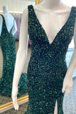 Dark Green Sequin V Neck Mermaid Long Prom HZ0307