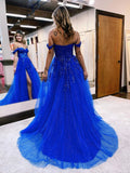Royal Blue Off The Shoulder A-Line Beaded Appliques Evening Party Dress, Tulle Long Prom HZ0307
