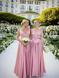 Elegant A Line V Neckline Bridesmaid Dress,Floor-length Satin Long Pink Evening Dress Prom Dresses , HZ0307