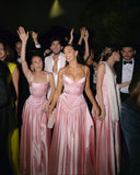 Elegant A Line V Neckline Bridesmaid Dress,Floor-length Satin Long Pink Evening Dress Prom Dresses , HZ0307