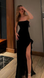 Elegant Black Strapless Prom Dress Long Evening Dress With Side Slit, HZ0307
