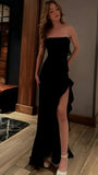 Elegant Black Strapless Prom Dress Long Evening Dress With Side Slit, HZ0307