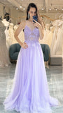 Elegant Lilac A-line Tulle Prom Dresses Appliques Evening Party HZ0307