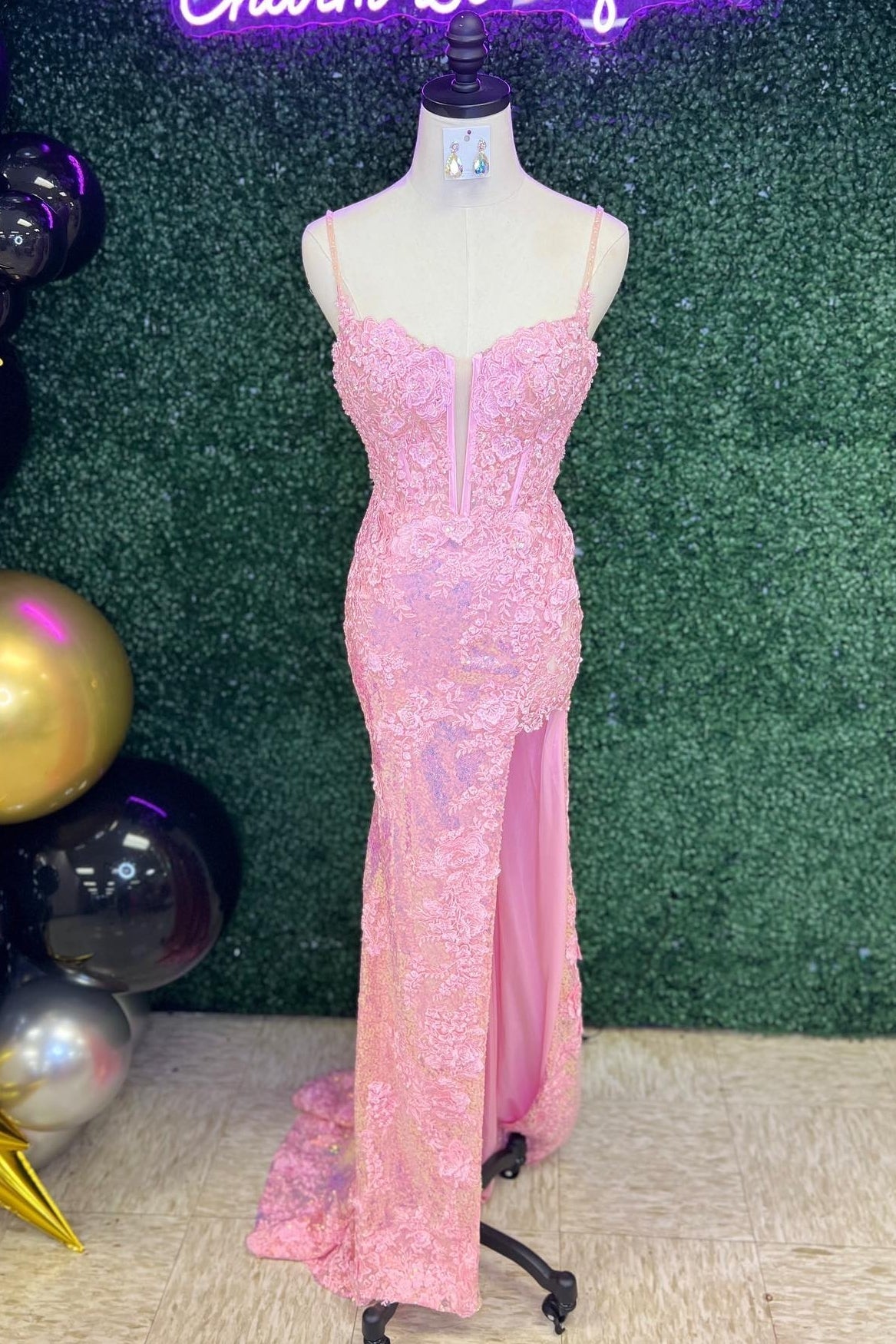 Elegant Pink Lace Mermaid Slit Long Prom HZ0307