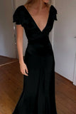 Elegant Satin V Neck Ruffles Short Sleeves Prom Dress with HZ0307