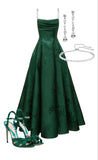 Emerald Green Floral Print A-line Long Prom Dresses Evening Party HZ0307