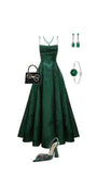 Emerald Green Floral Print A-line Long Prom Dresses Evening Party HZ0307